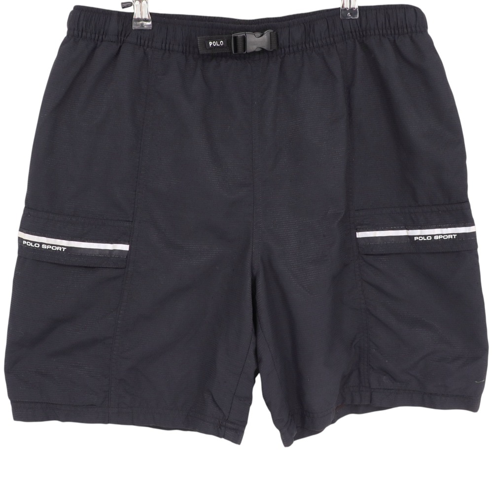 Vintage Polo Sport Ralph Lauren Mens Size L Black Nylon Cargo Shorts Buckle Belt
